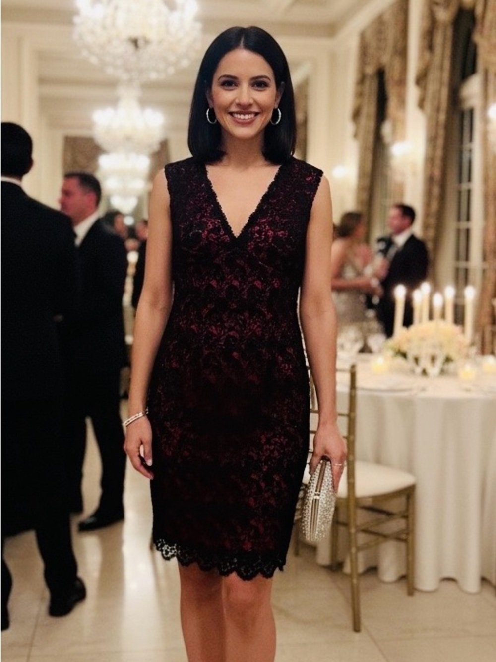 MARINA Sleeveless V-Neck Lace Midi Dress in Burgundy